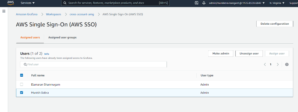 Under Authentication, select Configure users and user groups, select the SSO user you want to use to log in to Grafana, and choose Make admin button