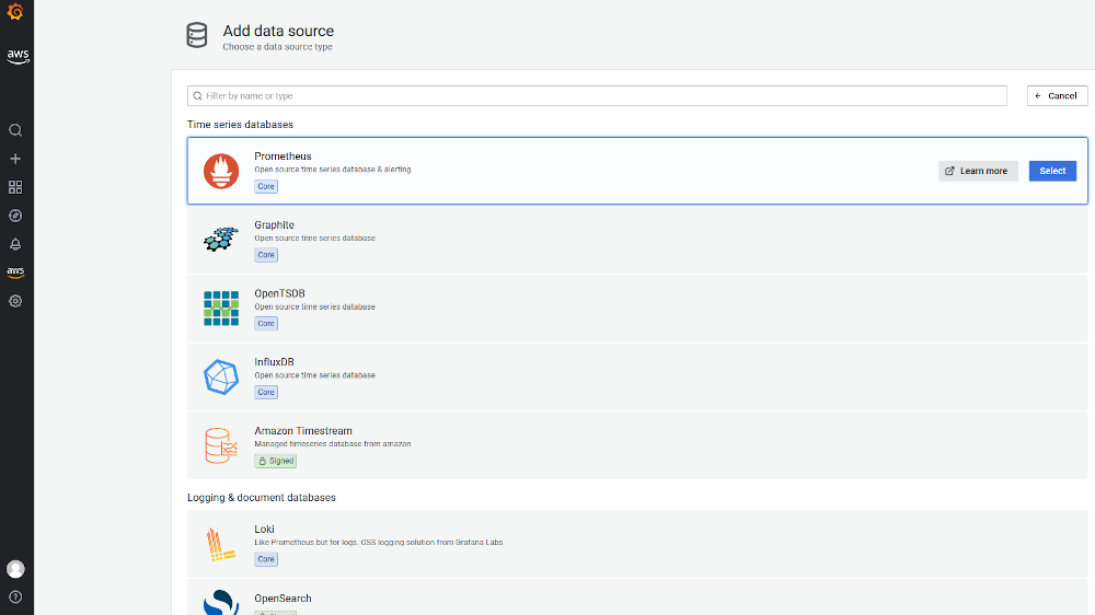 Choose Add data source, Prometheus: