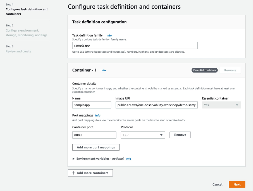 screen to configure task definitions and containers