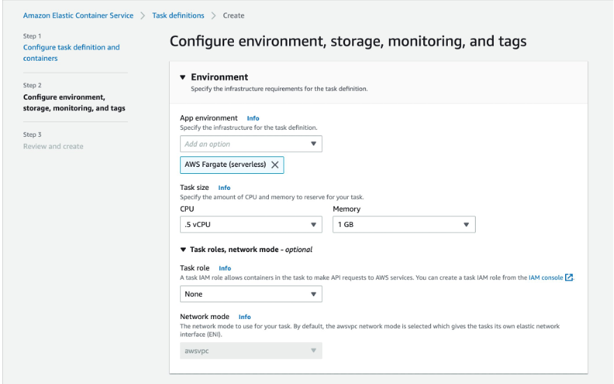 screenshot of Amazon ECS, task definitions, create screen