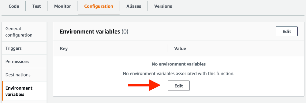 The “Environment variables” configuration page on Lambda