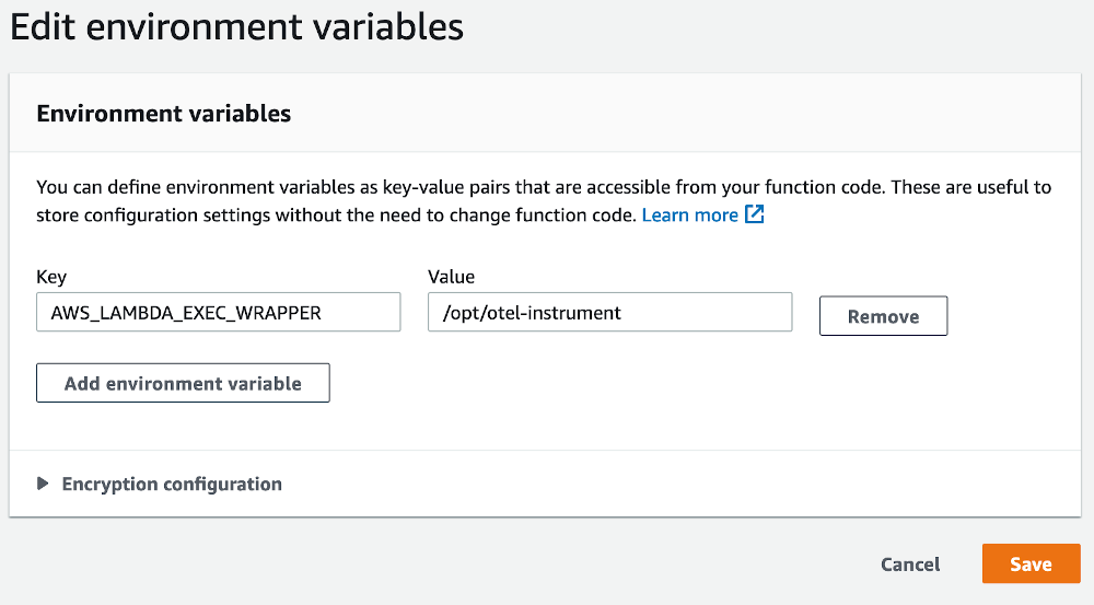 Adding the only environment variable needed for auto instrumentation with the AWS Distro for OpenTelemetry Python Lambda layer