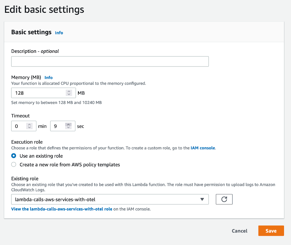 Page where the Lambda function timeout can be changed