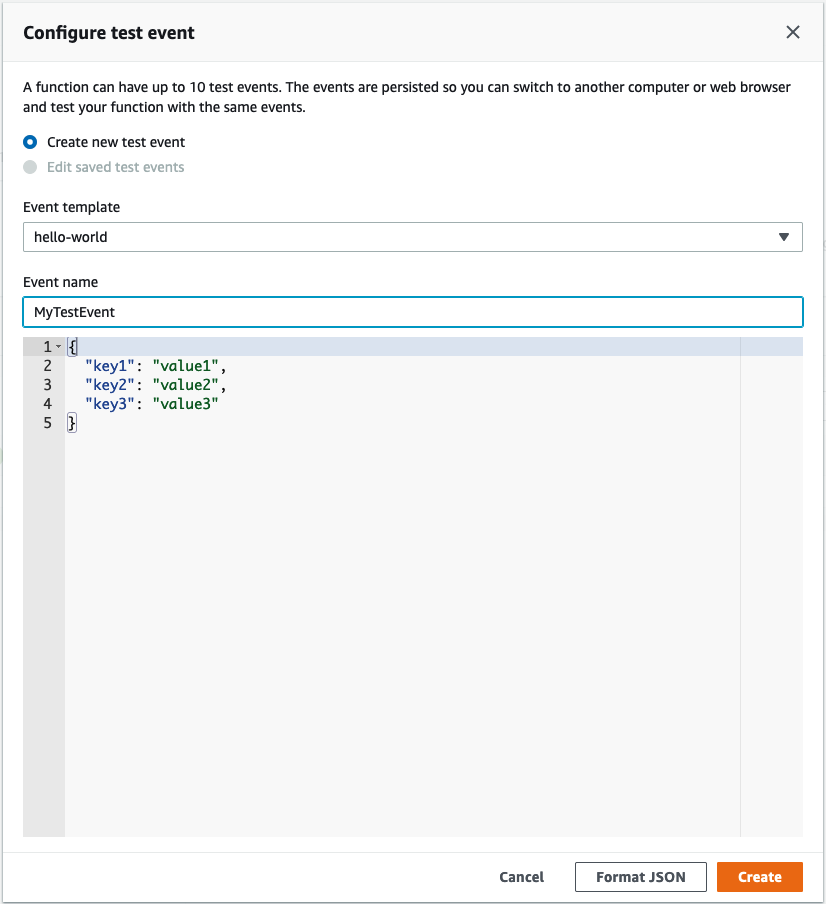 Configure test event for Lambda function window