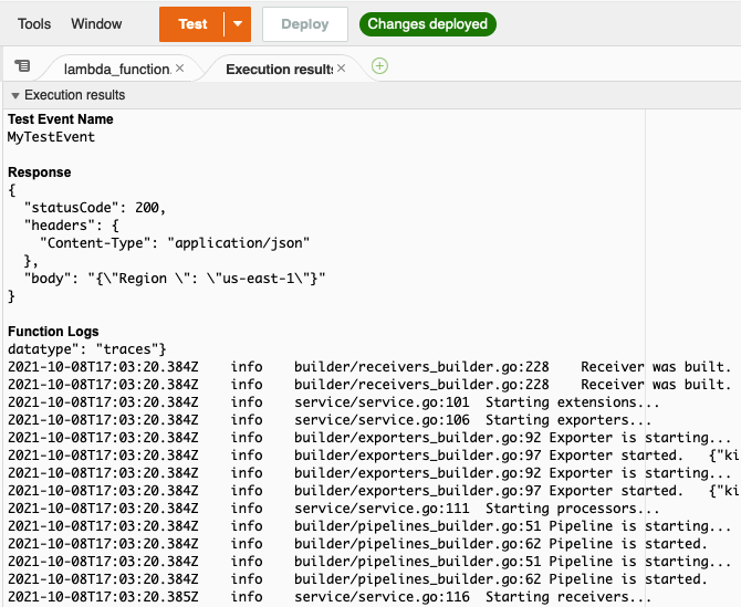 Lambda function log output after manual start