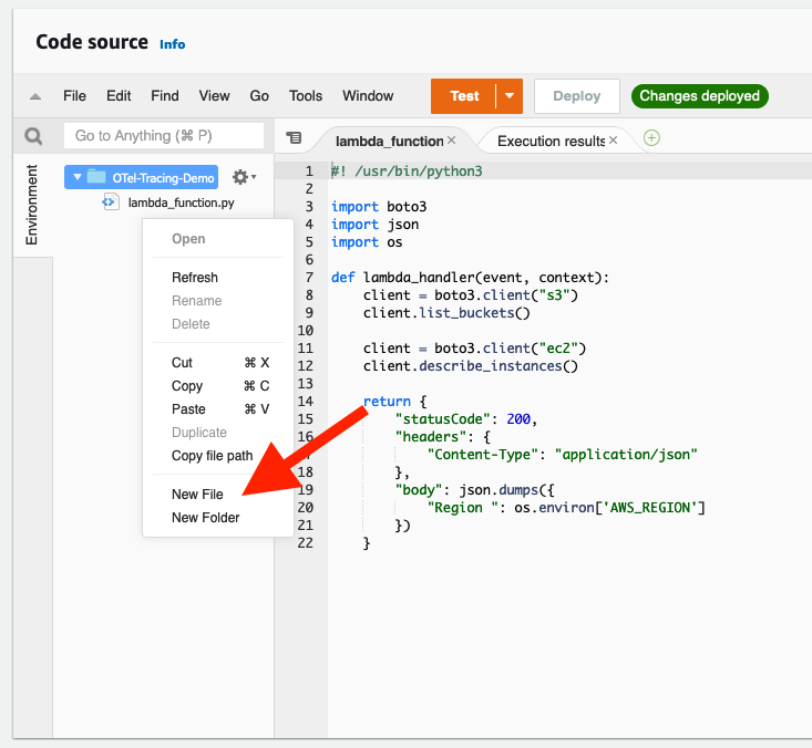 Creating a new file directly from the Lambda code editor view