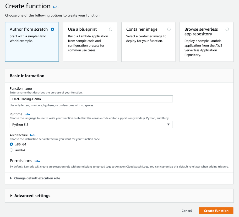 Lambda “Create function” setup window