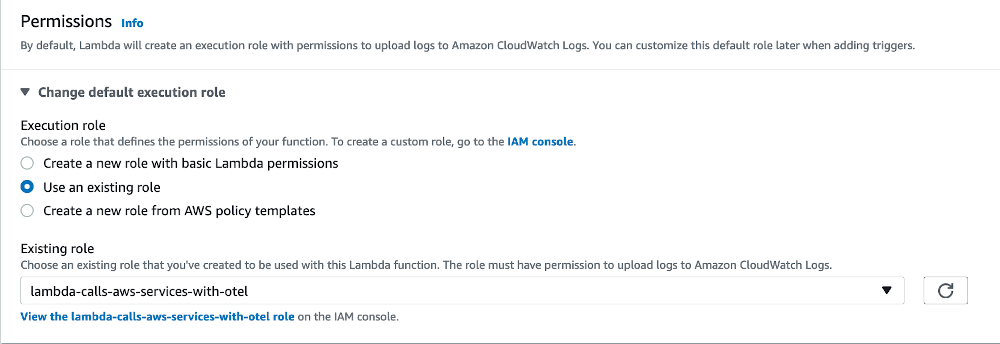 Expanded Permissions view on the Lambda “Create function” setup window