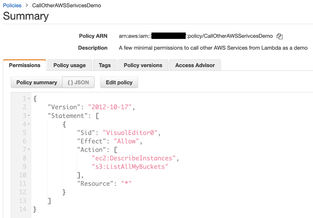 Policy attached to the lambda-calls-aws-servcies-with-otel role