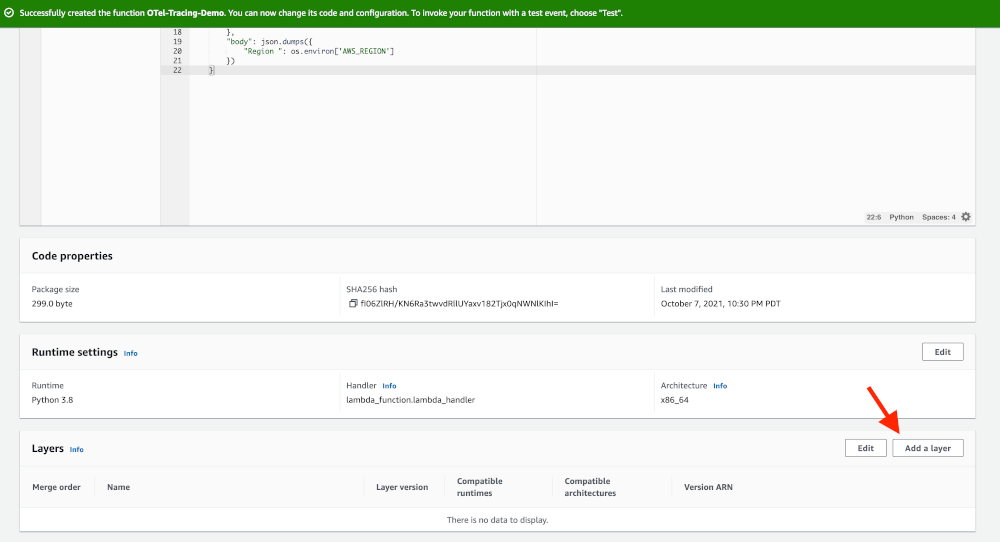 Adding a layer to a Lambda function