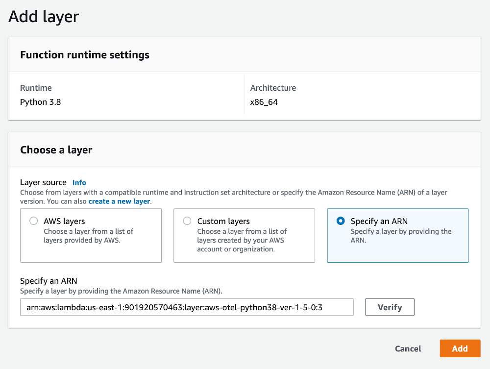 Add a Lambda layer window with the 1-5-0:3 AWS Distro for OpenTelemetry Python Lambda layer ARN