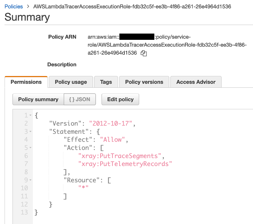 Figure 10: Policy added to Lambda role for Active tracing with AWS X-Ray.