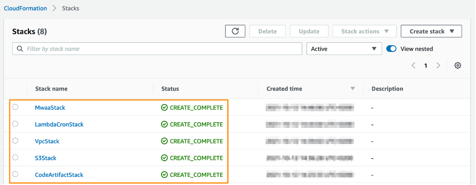 console showing status create_complete in green