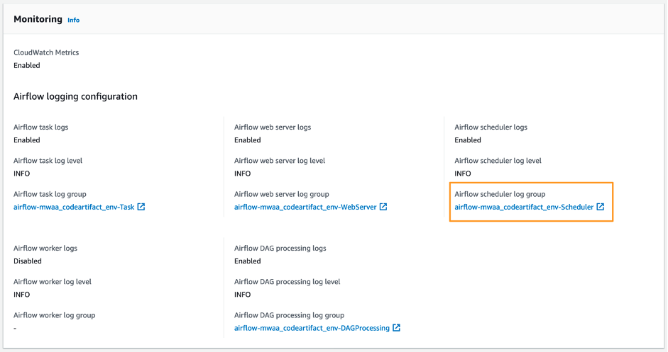airflow scheduler log group airflow-mwaa_codeartifact_env-Scheduler in blue as a clickable link