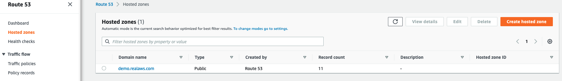 Screenshot of the Route 53 console showing a hosted zone example