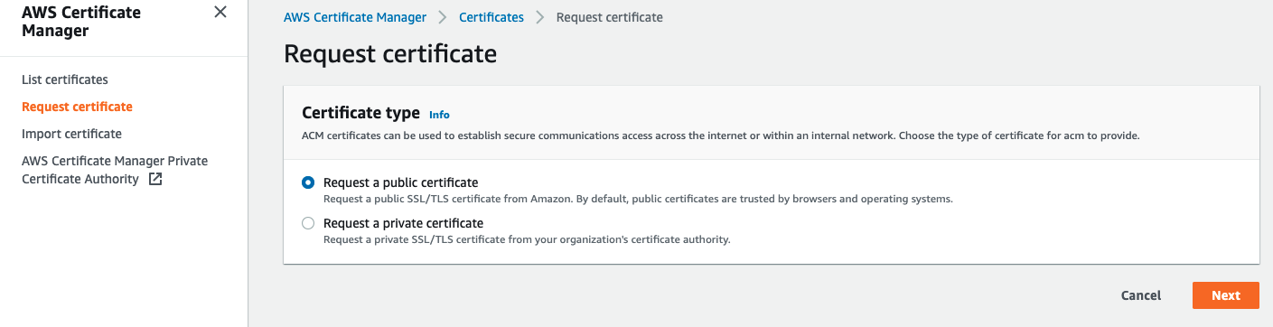 Screenshot of the AWS Certificate Manager console showing the Request a Certificate option