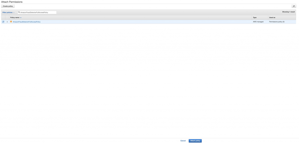Screenshot showing how to Attach the policy.
