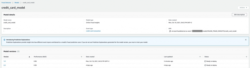 Screenshot of AWS console showing the trained model