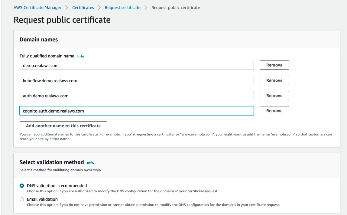 screenshot of AWS Certificate Manager showing how to request a public certficate