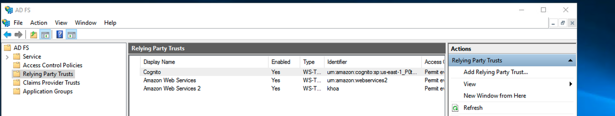 ADFS Federation Console, showing the Relaying Party trust settings