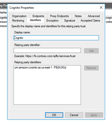 Screenshot of the ADFS Cognito properties dialog