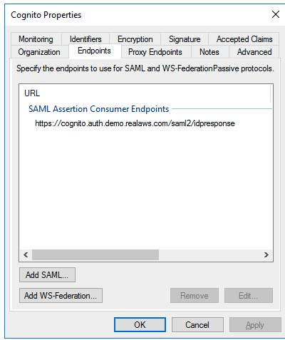 ADFS Cognito Endpoint properties dialog