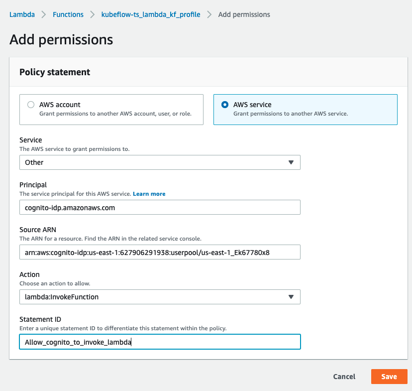 Screenshot of the Lambda Add Permissions dialog demonstrating how to configure it. Specifically, it shows a policy statement for an AWS service, of type Other, where the Principal is set to cognito-idp.amazonaws.com. The Source ARN should be copied from the Cognito console. The Action to allow is lambda:invokeFunction and the suggested Statement ID is Allow_cognito_to_invoke_lambda