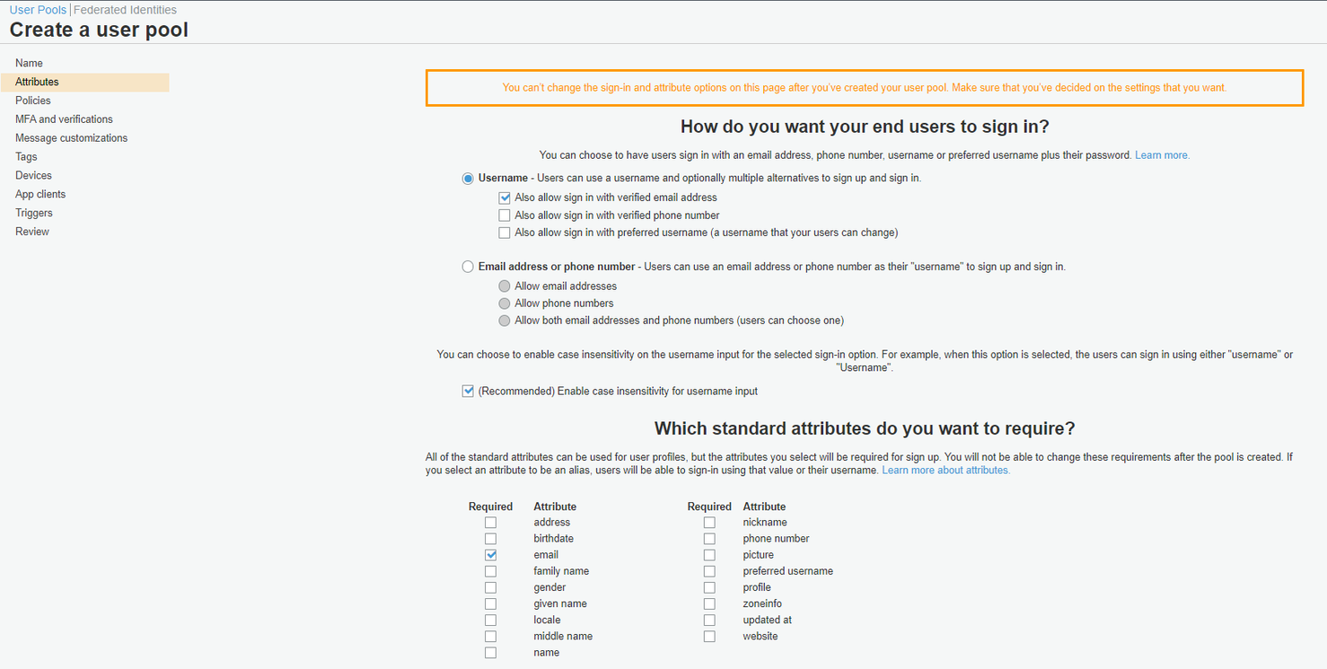 Screenshot of the Create a user pool dialog in Cognito