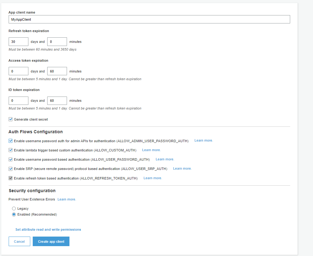 Image showing the Cognito dialog to create the App client.
