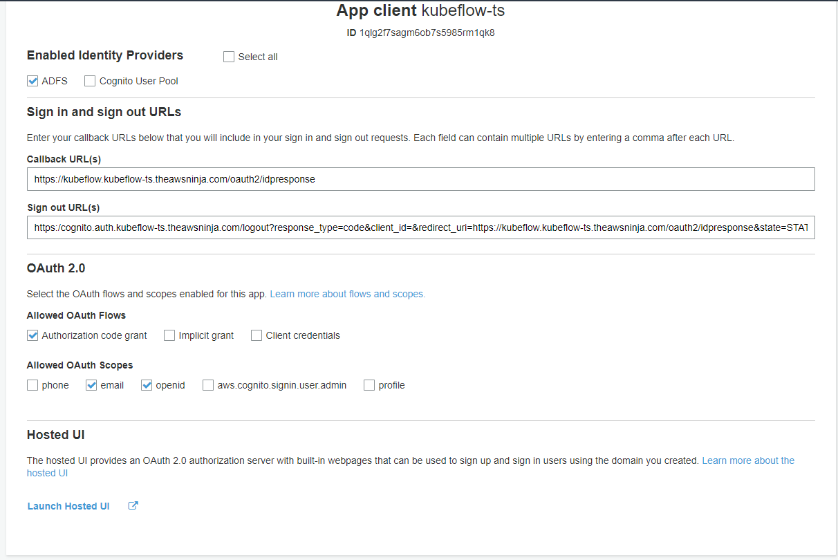 Screenshot showing Cognito App client dialog