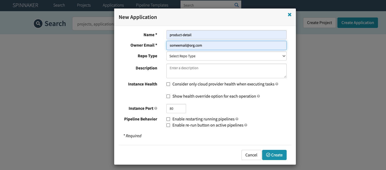 New Application Dialog in the Spinnaker UI