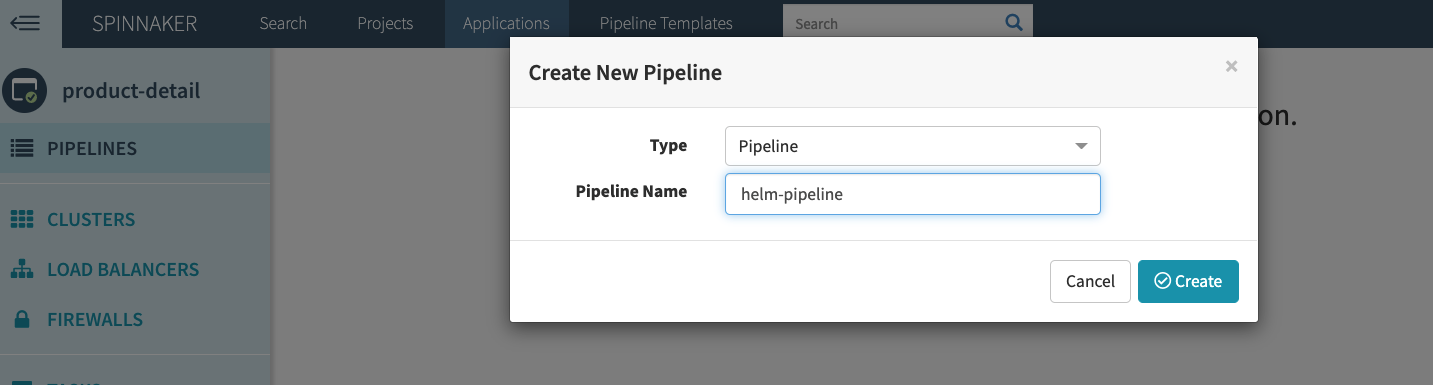 Spinnaker UI showing the Create New Pipeline dialog