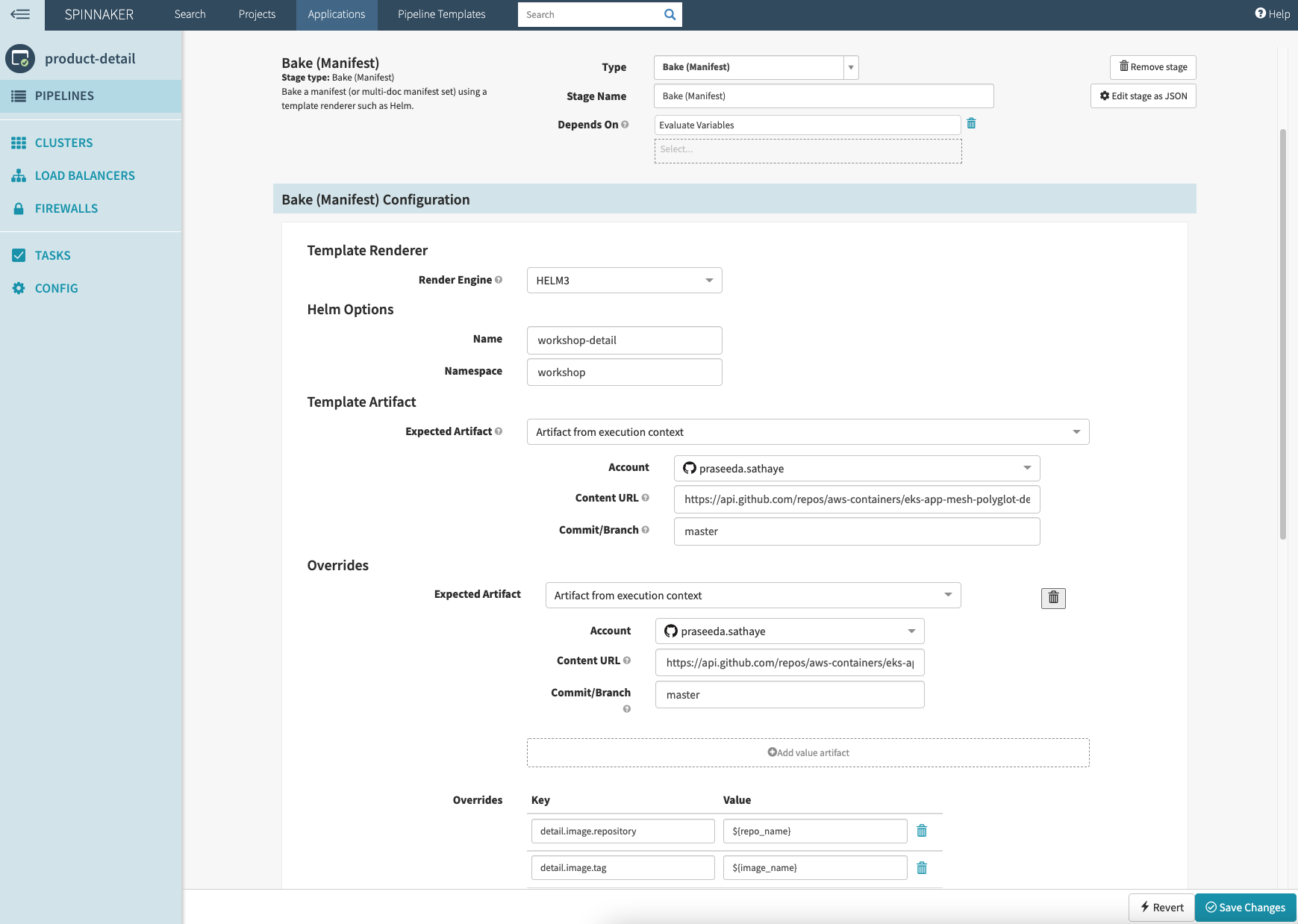 Spinnaker UI showing the Bake Manifest Configuration