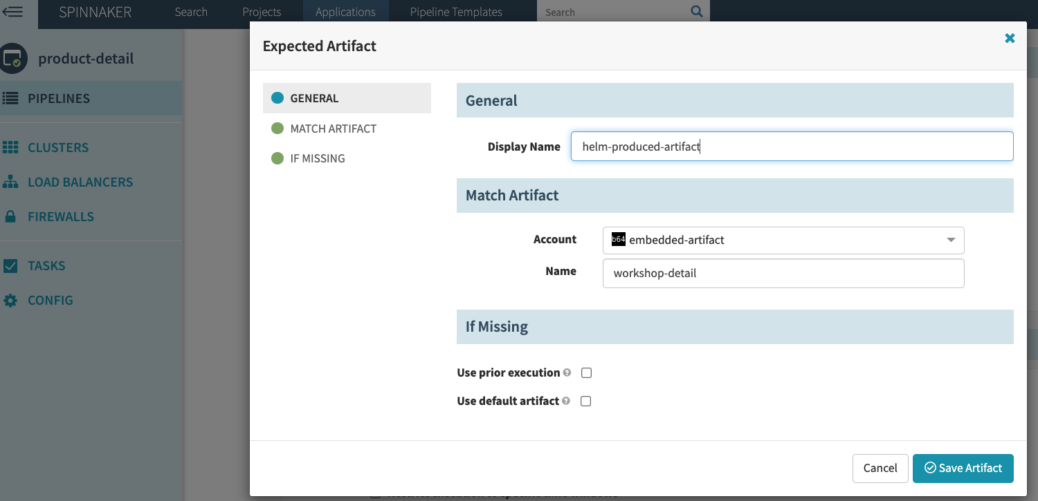 Spinnaker UI highlighting the Expected Artifact configuration dialog