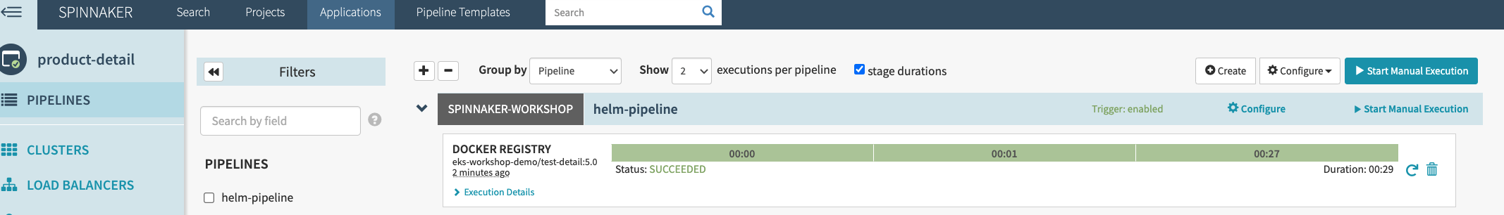 Spinnaker UI showing the deployment in the pipepline