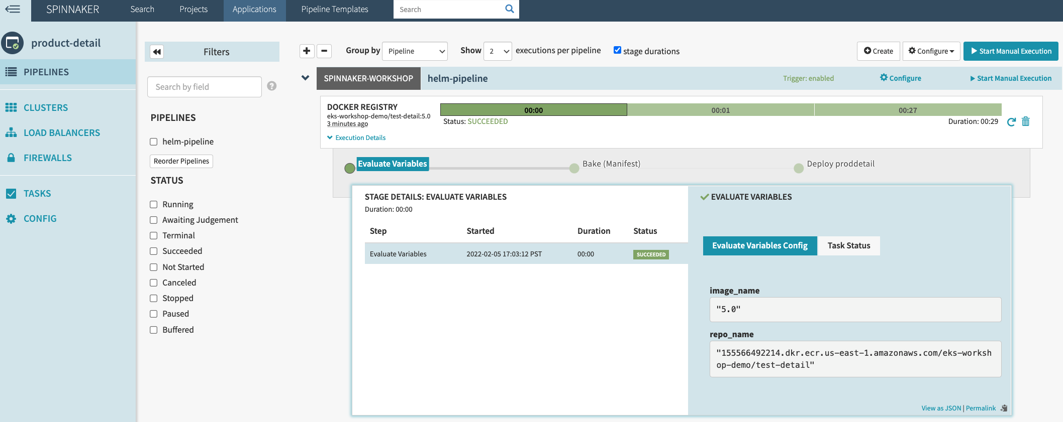 Spinnaker UI showing the Execution Details of the pipeline