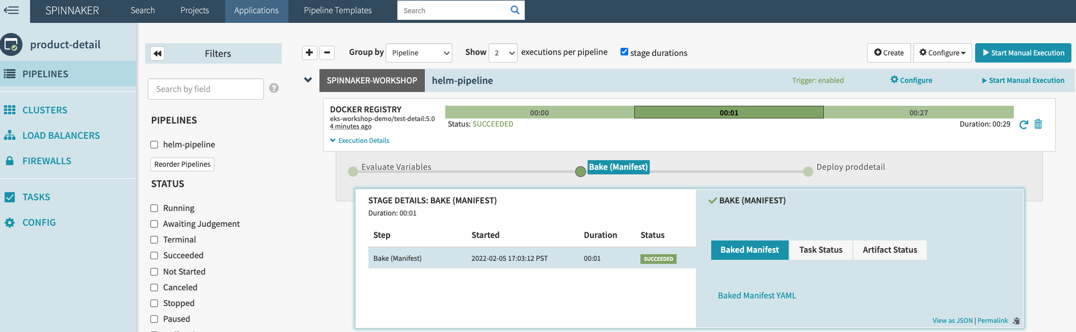 Spinnaker UI showing it at the Bake stage of the pipeline