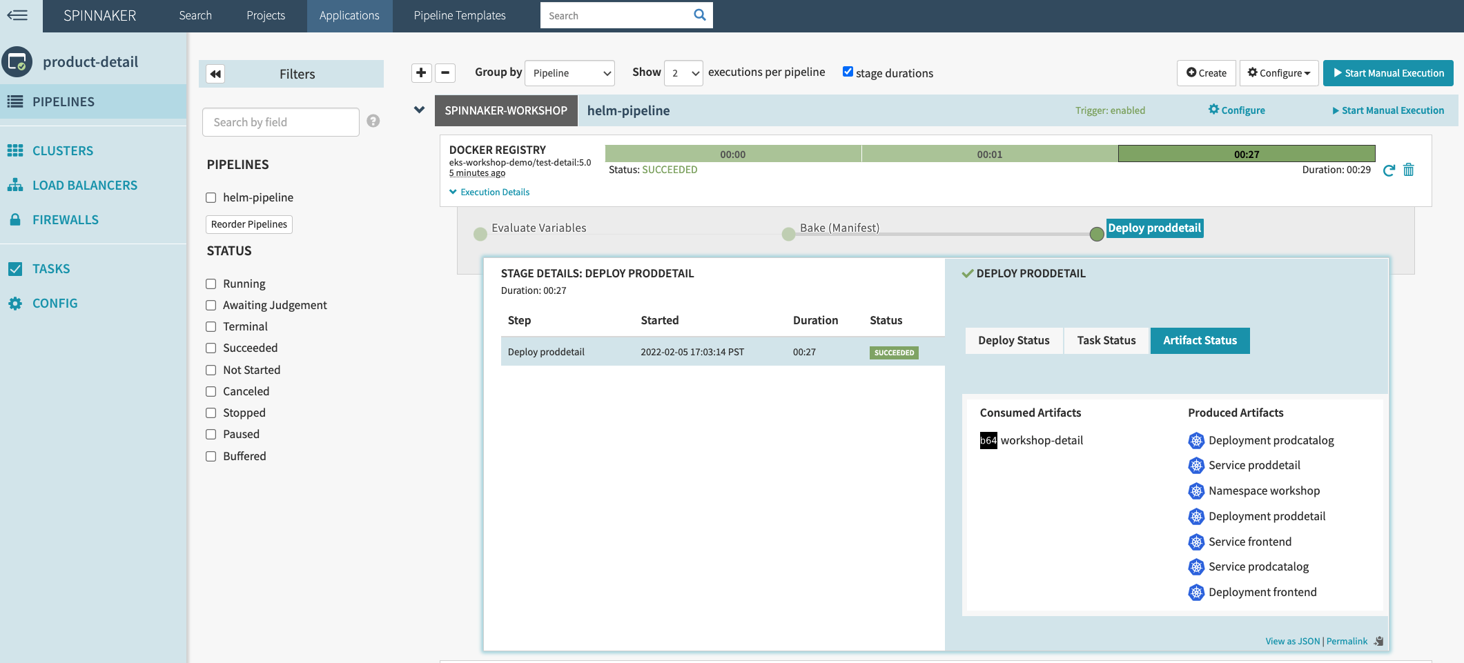 Spinnaker UI showing it at the Deploy stage of the pipeline