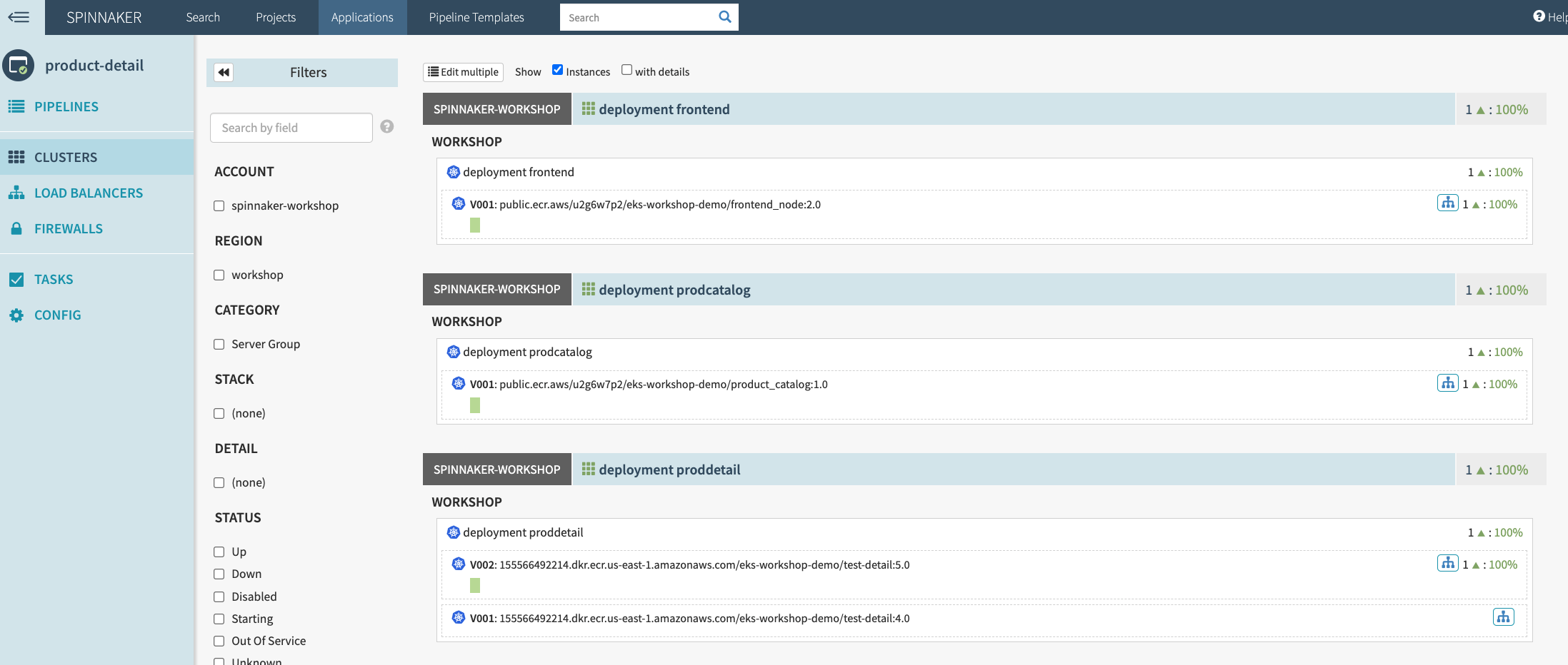 Spinnaker UI showing the deployment of frontend, prodcatalog, and proddetail
