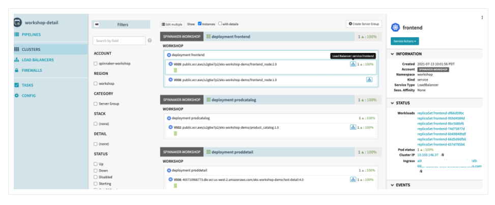 Spinnaker UI screen highlighting the LoadBalancer icon for the frontend service