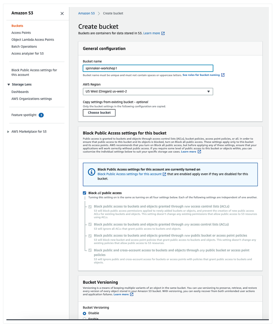 Screenshot of the Amazon S3 web console showing the Create Bucket dialog