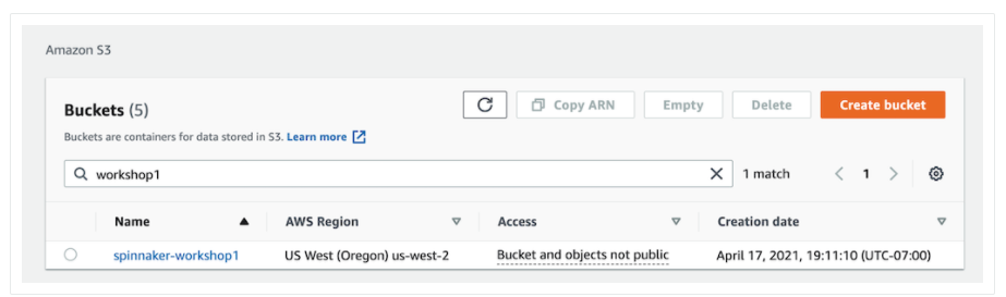 Screenshot of the Amazon S3 web console showing the newly created bucket