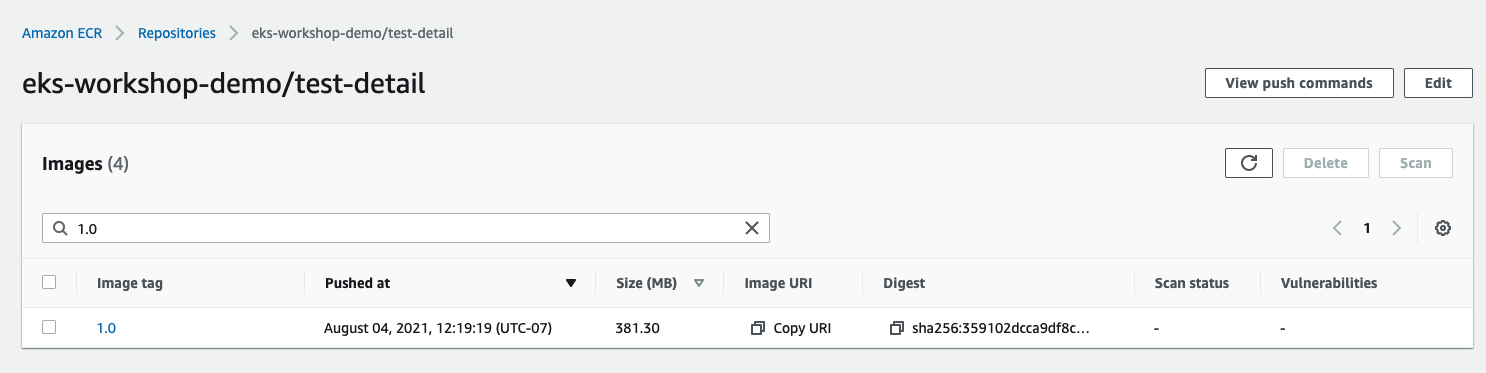 Screenshot of the Amazon ECR console showing the image entry