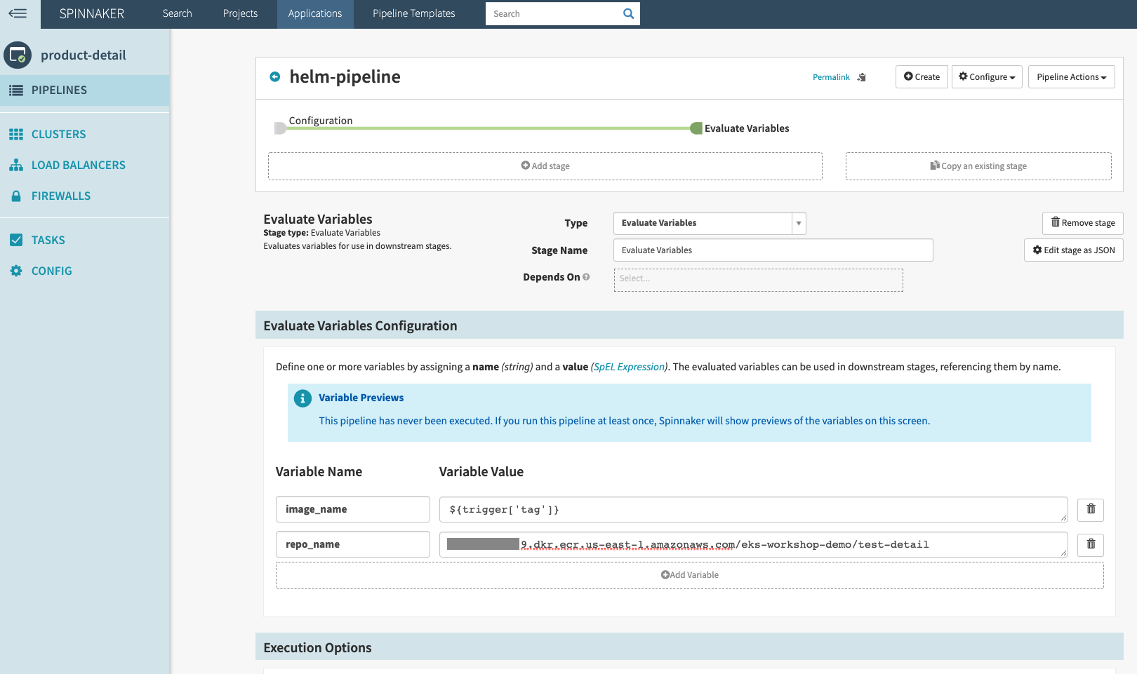 Spinnaker UI showing the Evaluate Variables Configuration settings