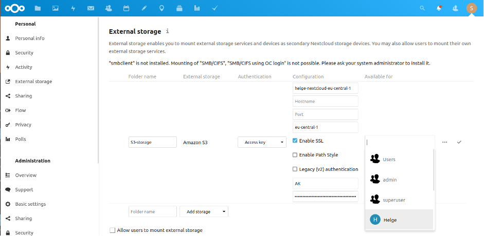 Storage setup on Nextcloud