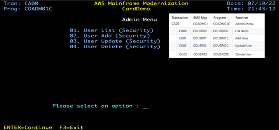 CardDemo screen shot of administrator view