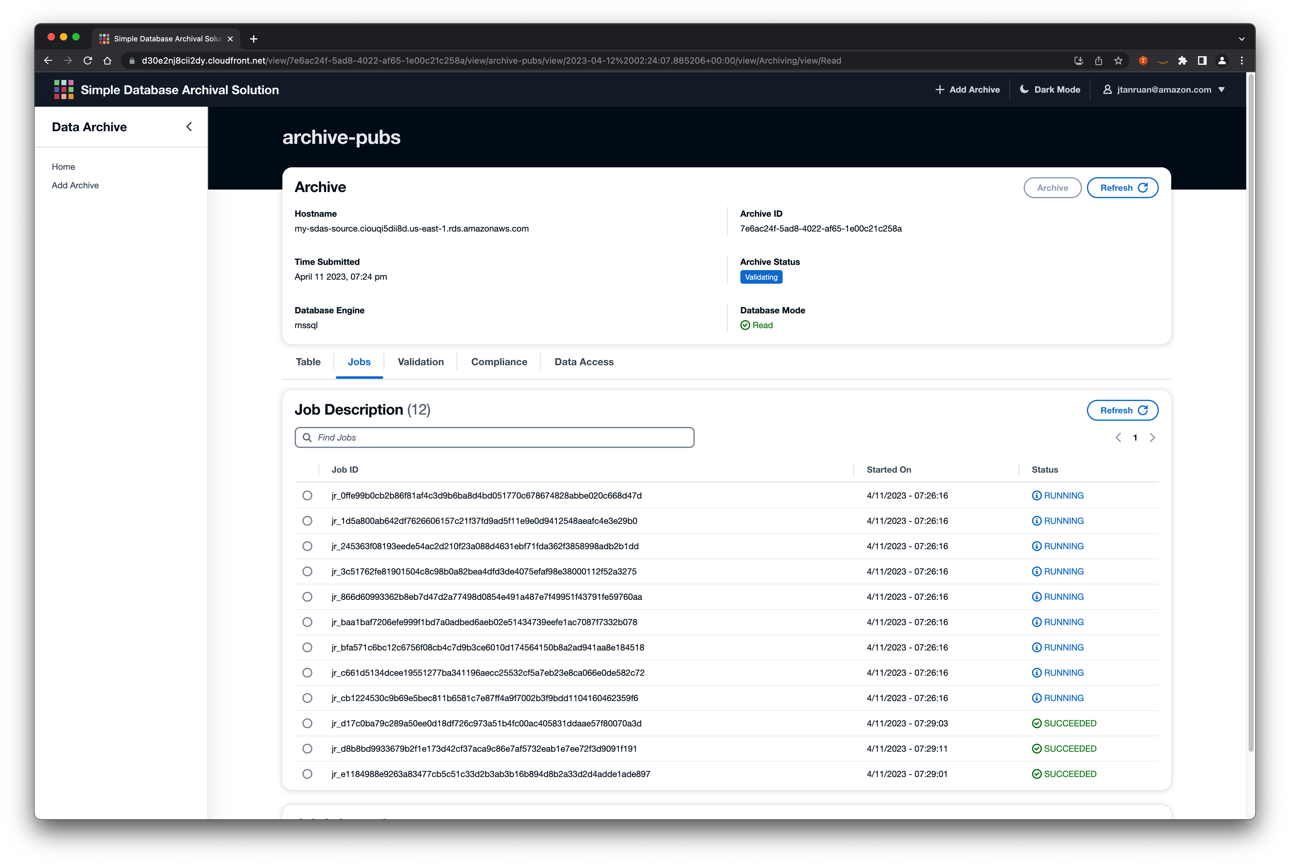 SDAS screenshot of running jobs