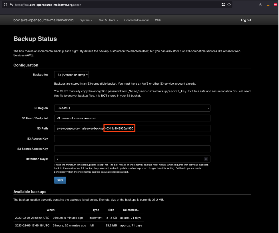 Status backup pada admin email dashboard