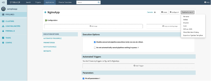 pipeline actions screen