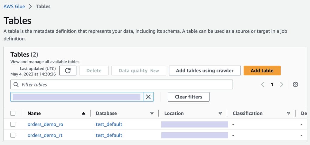 AWS Glue tables